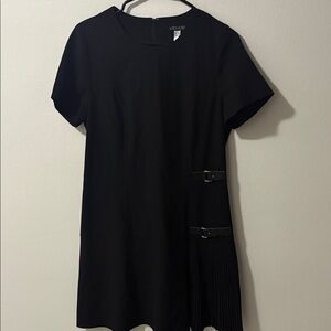 VENUS Black Short-Sleeve A-Line Dress with Side Buckles